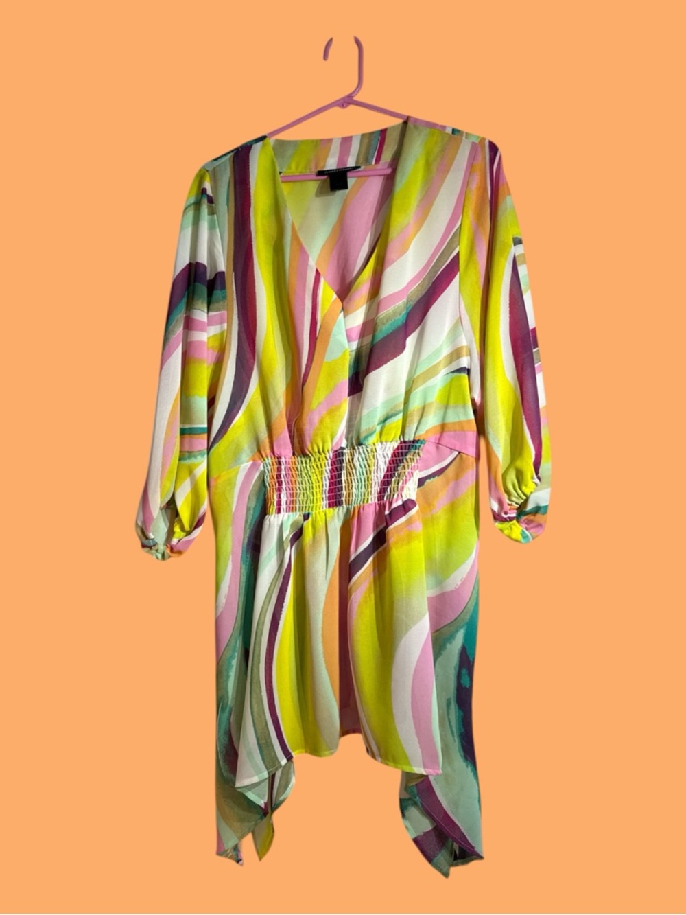 Ashley Stewart Groovy Colorful Abstract Mini Dress Tunic 3/4 Sleeve Size 14/16